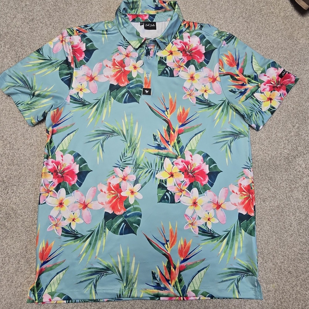 Bad Birdie Polo Golf Shirt Mens Large Performance Stretch Floral Tropical Blue